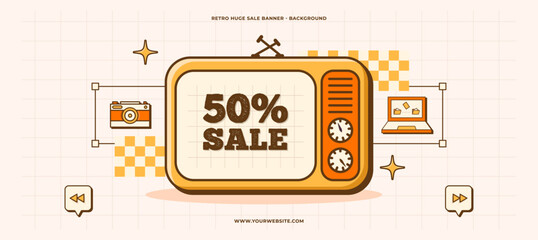 70s retro old computer user interface sale banner. Up to 50 percent off groovy background. TV, laptop, photo camera vector elements of UI and UX website design.