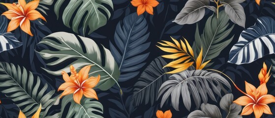 tropical leaves and flowers background