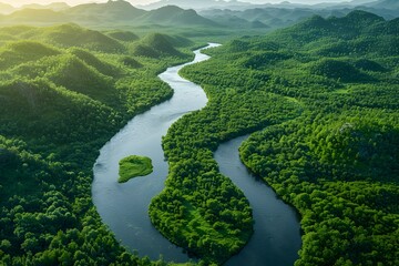Aerial View of Lush Green River Winding Through Forested Mountains