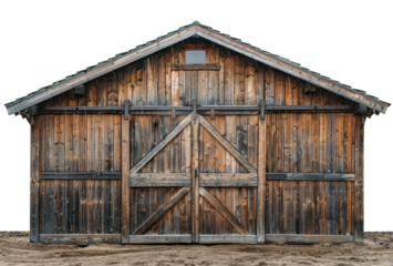 Rustic wooden barn doors with traditional design, cut out - stock png.