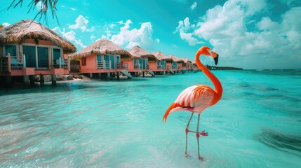 A pink flamingo standing in the shallow water of a tropical beach with luxurious overwater bungalows in the background. AIG51A.