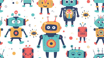Childish seamless pattern with cute smiling robots on
