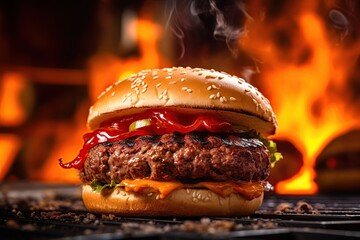 Hamburger on a flaming hot grill. Ai generative