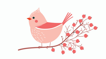 Cute pink bird holding branch with red winter berries