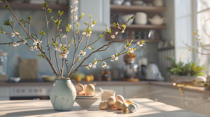 Vase with tree branches Easter eggs and dishes on table