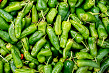 closeup of green chili peppers for sale at a market