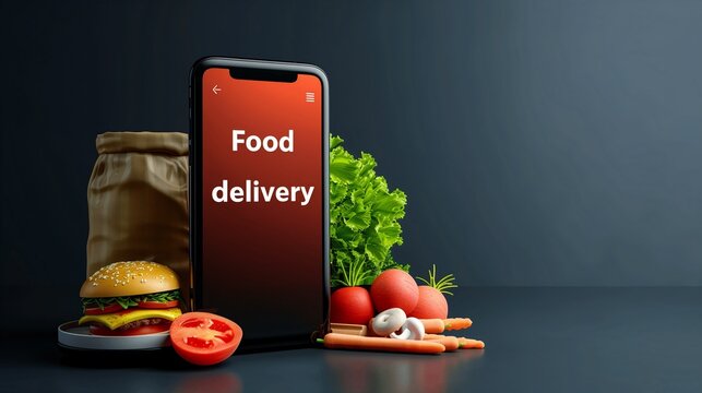 Modern food delivery mobile app kit template featuring a sleek user interface design, vibrant color scheme, and ample copy space for text, perfect for showcasing your food delivery service.