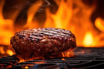 Burger patty on flaming barbecue. Ai Generative