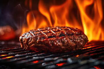 Burger patty on flaming barbecue. Ai Generative