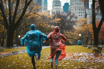 Obraz premium couple in raincoats sprinting through a city park