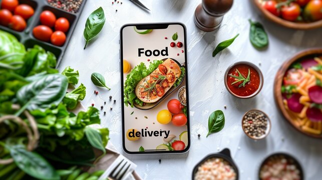 A food delivery app interface displayed on a smartphone screen, showcasing a seamless meal ordering experience for restaurants or cafes. The background provides ample copy space for text or branding.