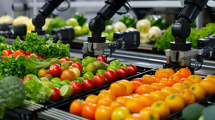 Automatic robotic organic food on conveyor belt processing line