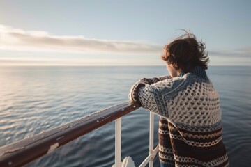 Fototapeta premium person in a knitted sweater leaning on a lighthouse balustrade, watching a tranquil sea