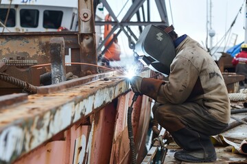 welder repairing ship metalwork at seaport