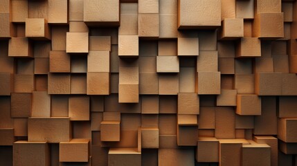 Abstract wood cutouts arranged to form brown block patterns.