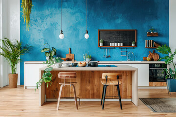 Modern kitchen interior with wooden cabinets, a white and blue color scheme, a concrete table in...