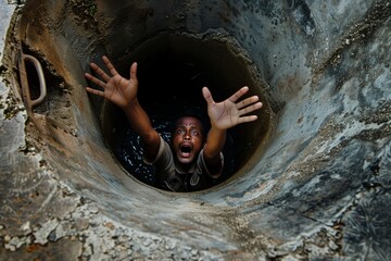 person trapped in a well, calling out for help