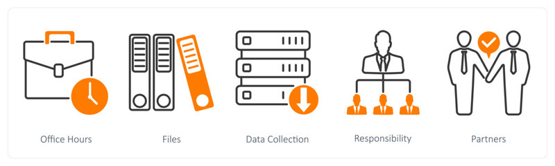 A set of 5 Business and Office icons as office hours, files, data collection