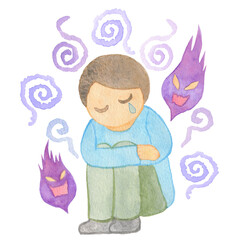 膝を抱える男の子・男性