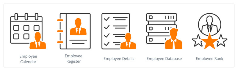 A set of 5 Business and Office icons as employee calendar, employee register, employee details