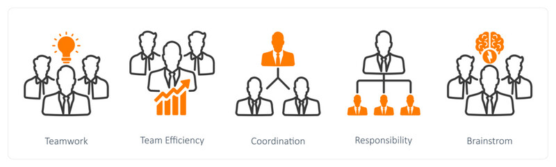 A set of 5 Business and Office icons as teamwork, team efficiency, coordination