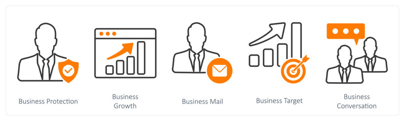 A set of 5 Business and Office icons as business protection, business growth, business mail