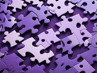 Purple colored 3D-rendered puzzle pieces scattered on a vibrant purple background
