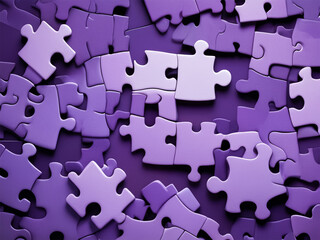 Purple colored 3D-rendered puzzle pieces scattered on a vibrant purple background