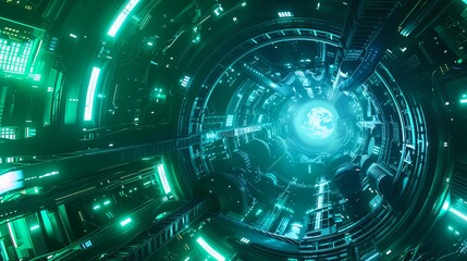 Digital technology green and blue neon realism universe poster background