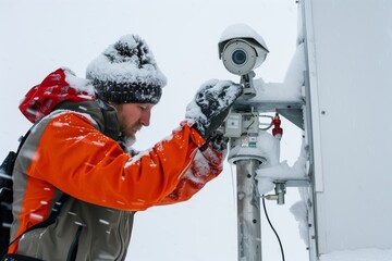 engineer maintaining a remote weather camera in snow