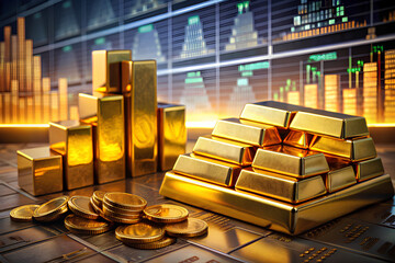 Gold future and financial concept.World economics and currency exchange in shiny gold bar arrangement in a row background
