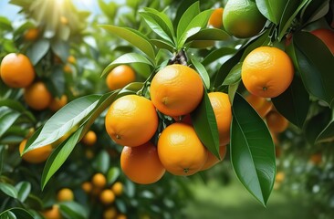 Ripe oranges hanging on a tree in the garden of an orange plantation.