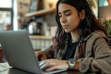 woman with nose piercing typing on a laptop in a cafe