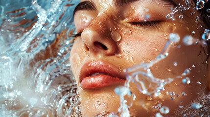 Fototapeta premium Aesthetic young woman face with closed eyes and splashing water, moisturizing concept, beauty advertising. Generative AI