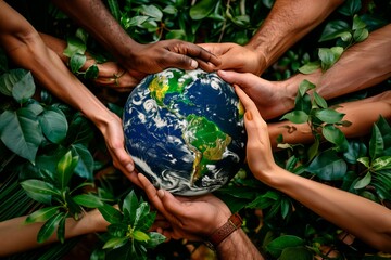 Several hands touching planet Earth. World Environment Day.