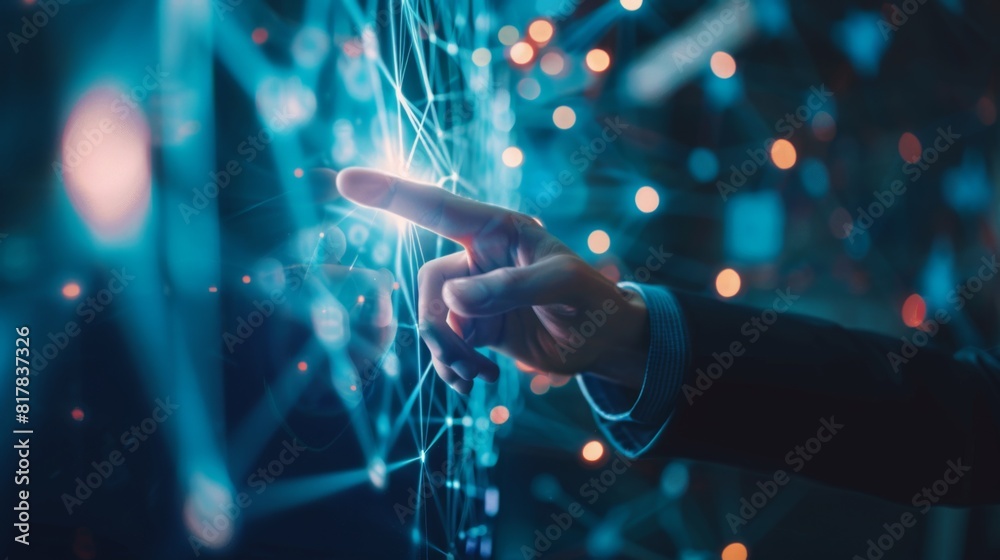 Fototapete Businessman hand touching of digital data network transformation for next generation technology on cyberspace, Internet network and digital software development, Algorithm, Metaverse and data science.