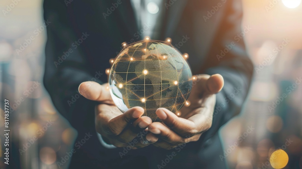 Poster Businessman holding global network connection on social networking and customer data analytics, Business strategy and smart intelligence, digital