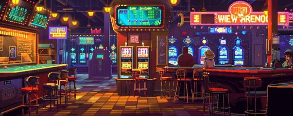 A pixel art image of a bar with a man sitting at the counter. There are slot machines and video poker machines in the background. The bar is lit by neon lights.