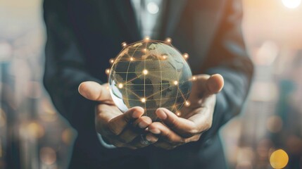 Fototapeta premium Businessman holding global network connection on social networking and customer data analytics, Business strategy and smart intelligence, digital