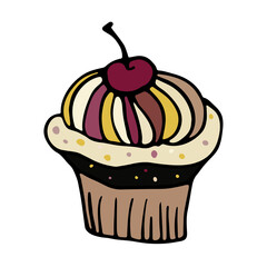 A cupcake doodle illustration in color, a hand-drawn cupcake icon, a muffin with a cherry on top