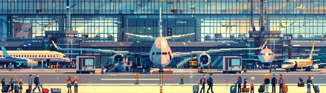 Create an 8-bit pixel art image of the interior of an airport terminal. Include 3 planes and 15 people.