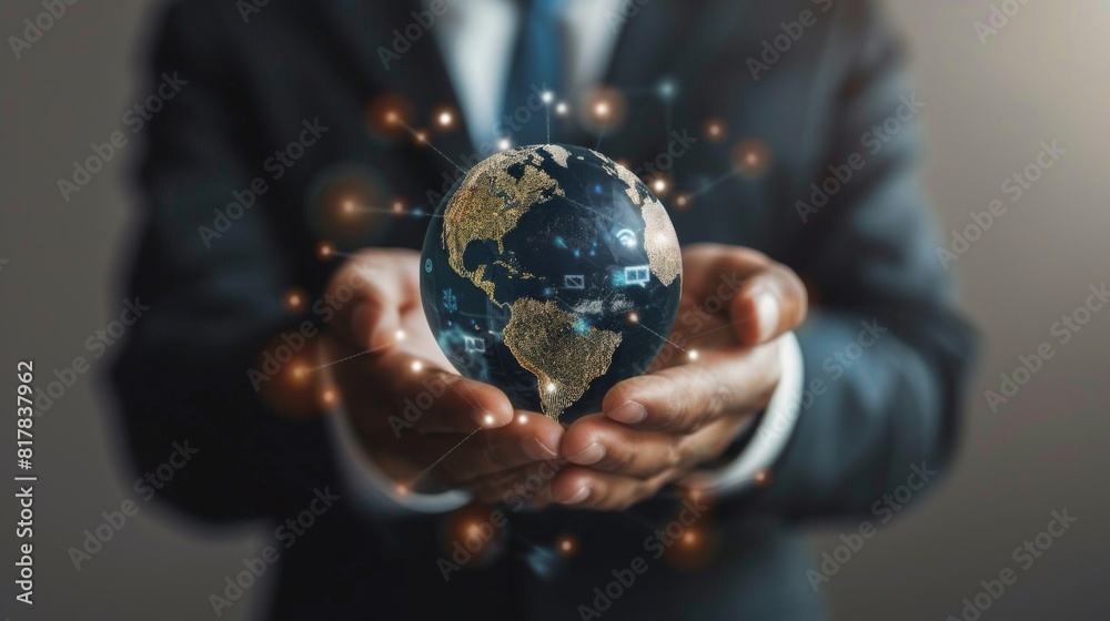 Aufkleber Businessman holding global network connection on social networking and customer data analytics, Business strategy and smart intelligence,