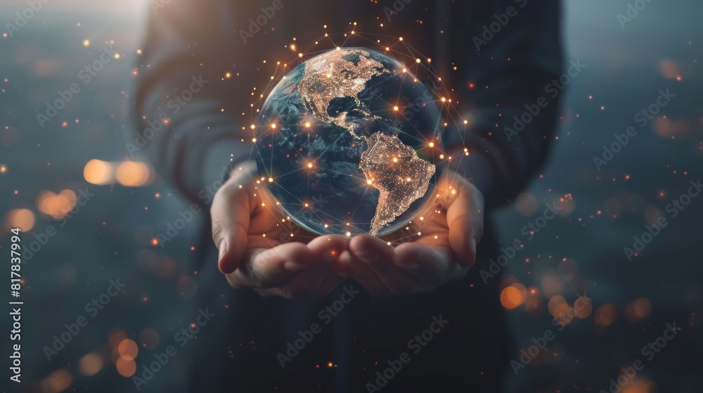 Poster Businessman holding global network connection on social networking and customer data analytics, Business strategy and smart intelligence,