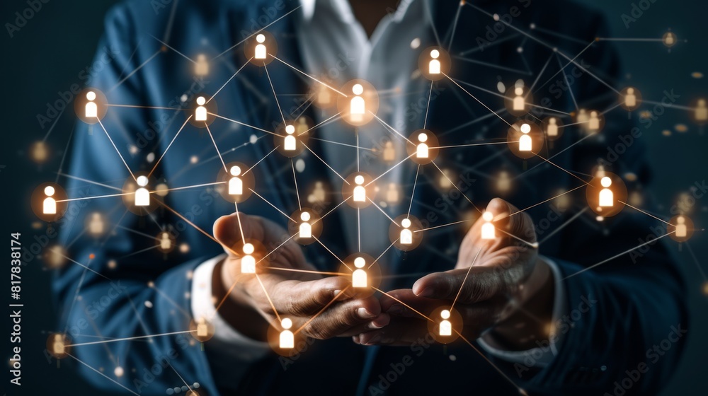 Aufkleber Businessman holding global network connection on social networking and customer data analytics, Business strategy and smart intelligence, digital