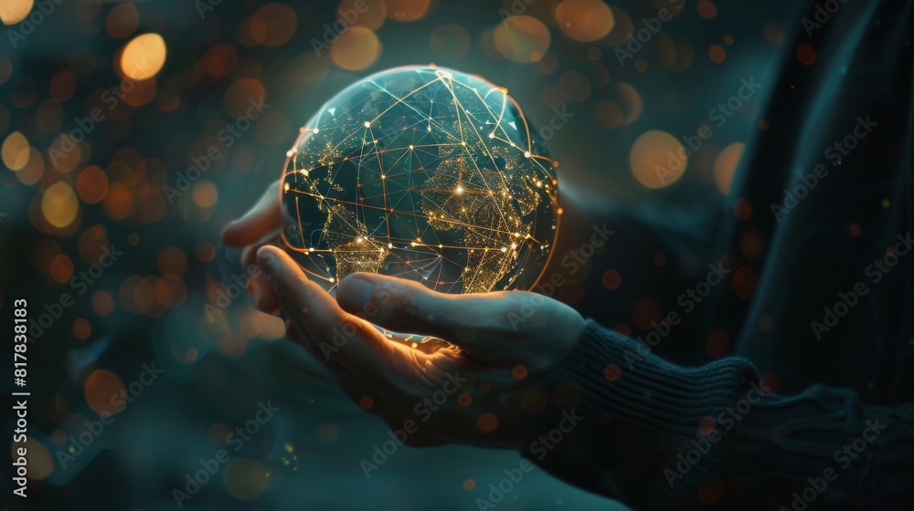 Poster Businessman holding global network connection on social networking and customer data analytics, Business strategy and smart intelligence,