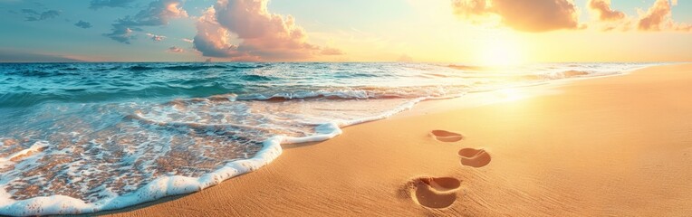 Footprints leading across sandy beach at sunset with orange sky in background