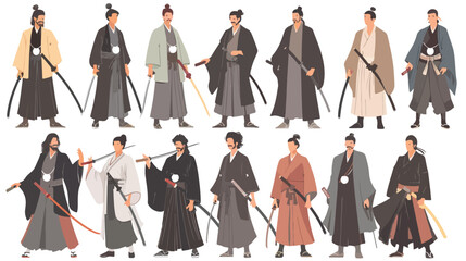 Collection of samurai isolated on white background. style