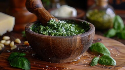 culinary traditions, a wooden pestle blends basil, pine nuts, garlic, and parmesan into aromatic...