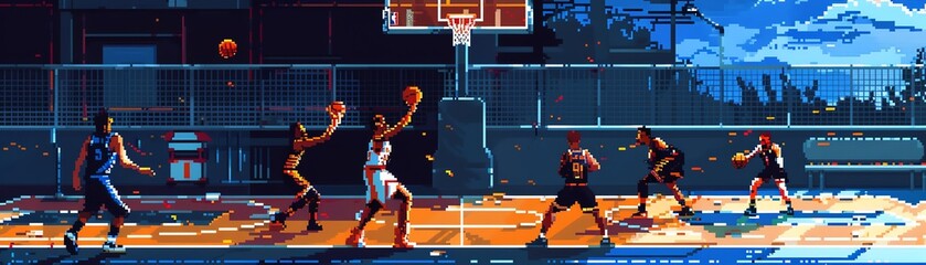 A pixel art image of a basketball court with 5 basketball players in action.