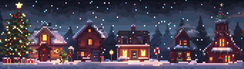 Obraz premium A pixel art image of a Christmas village